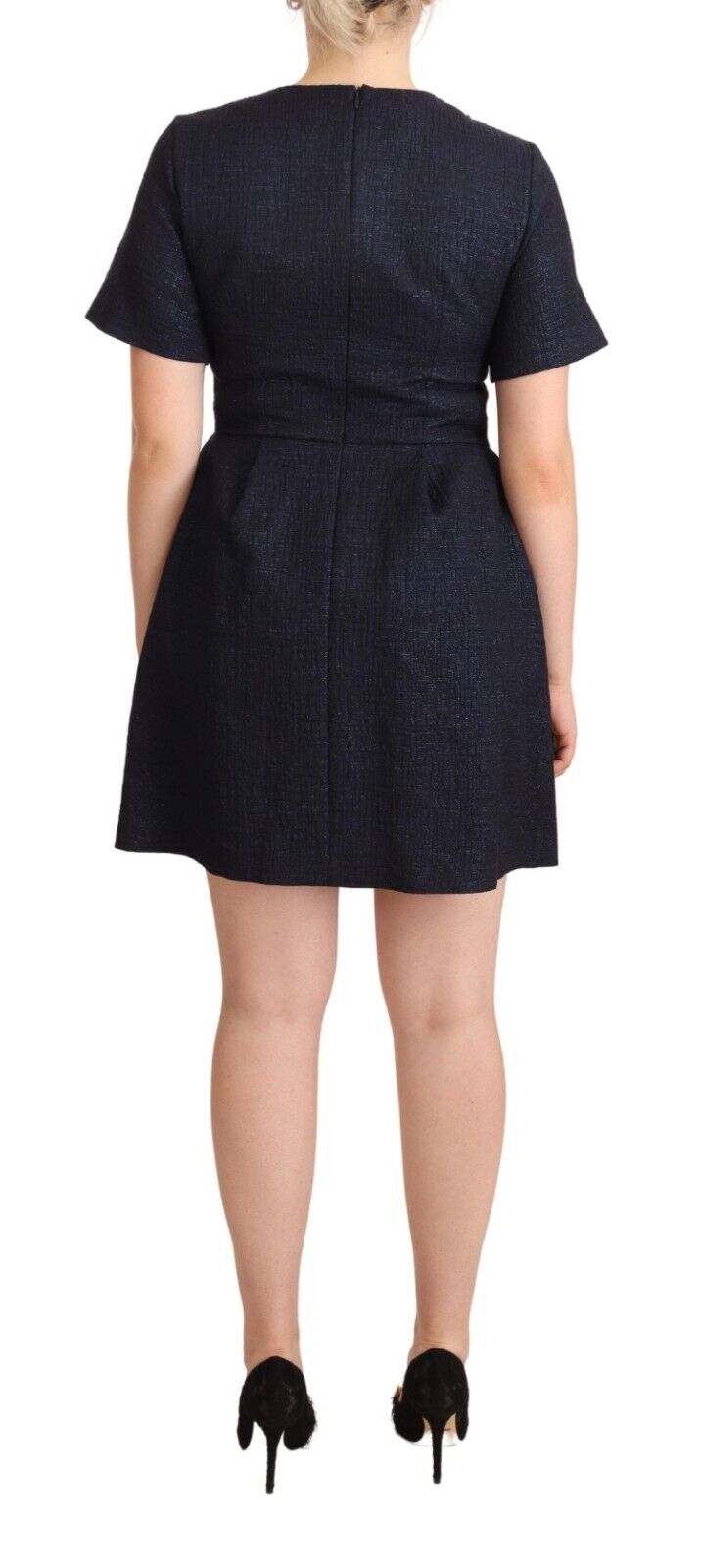 L'Autre Chose Black Embellished Short Sleeves Mini A-line Dress - Fizigo