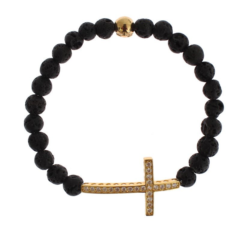 Nialaya Lava Stone Gold Clear CZ Cross 925 Silver Bracelet - Fizigo