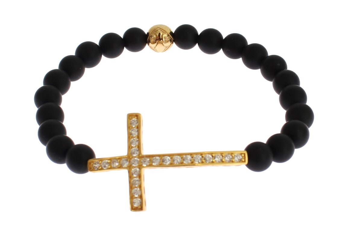 Nialaya Matte Onyx Stone Gold CZ Cross 925 Silver Bracelet - Fizigo