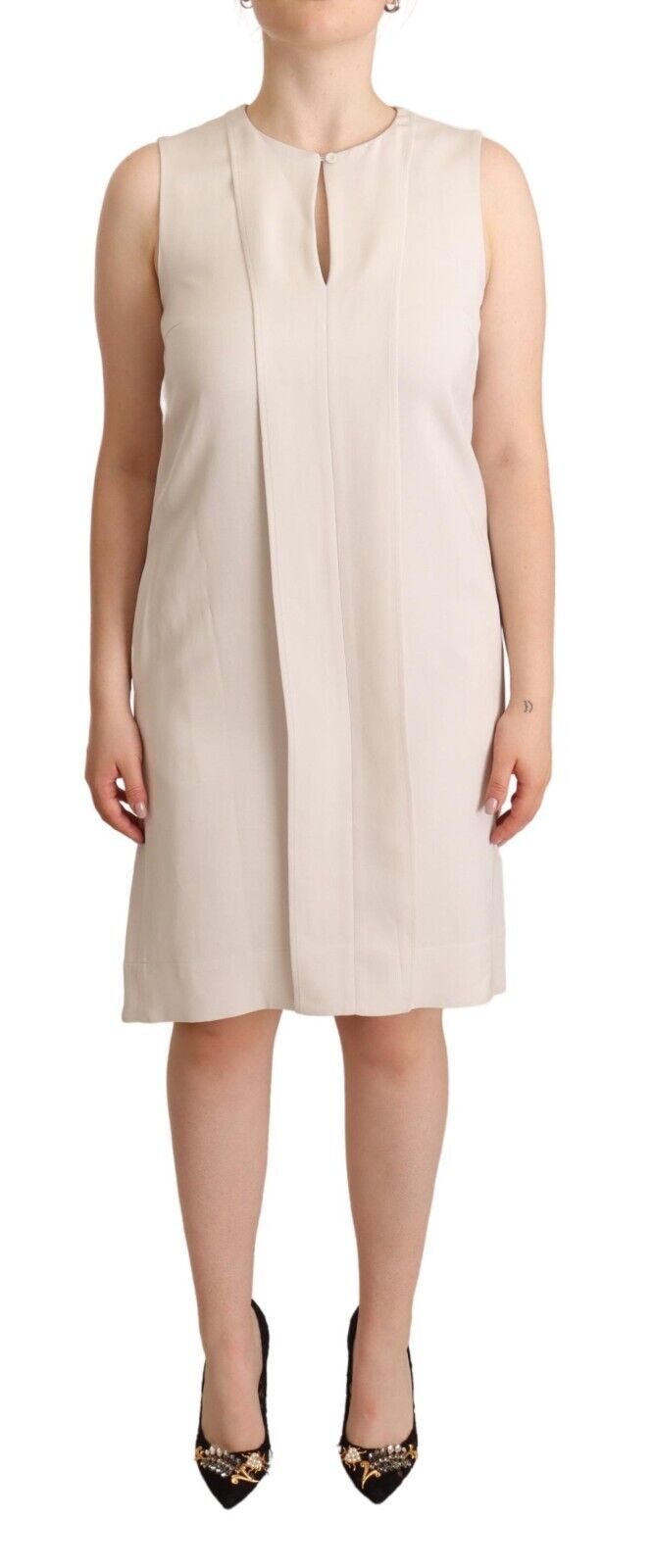 Peserico Beige Sleeveless Round Neck Knee Length Shift Dress - Fizigo