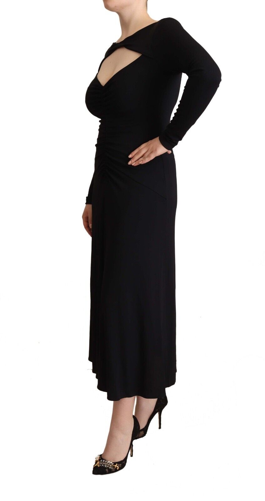 PINKO Black Nylon Stretch Long Sleeves Deep V-neck Maxi Dress - Fizigo