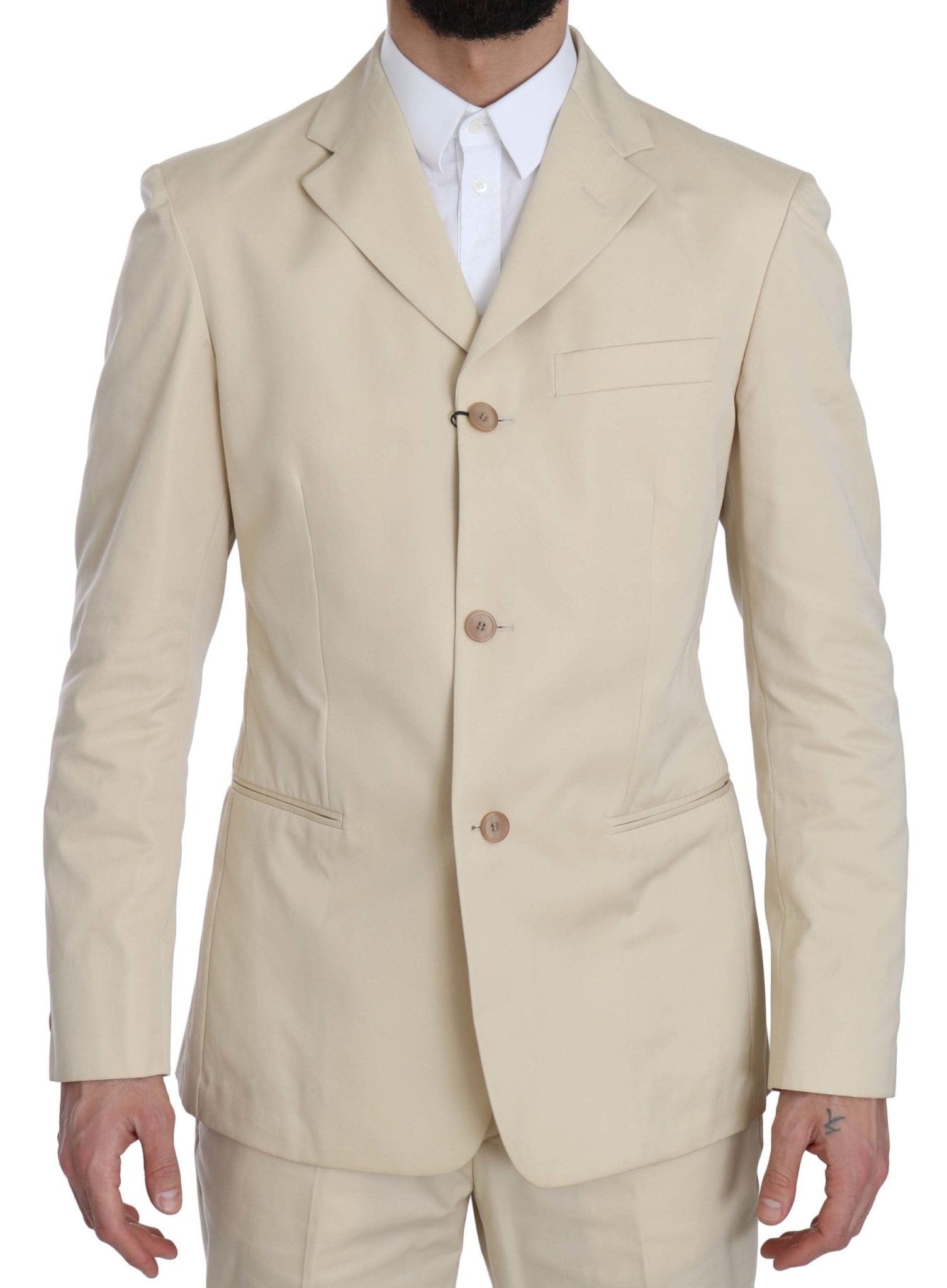 Romeo Gigli Two Piece 3 Button Beige Cotton Solid Suit - Fizigo