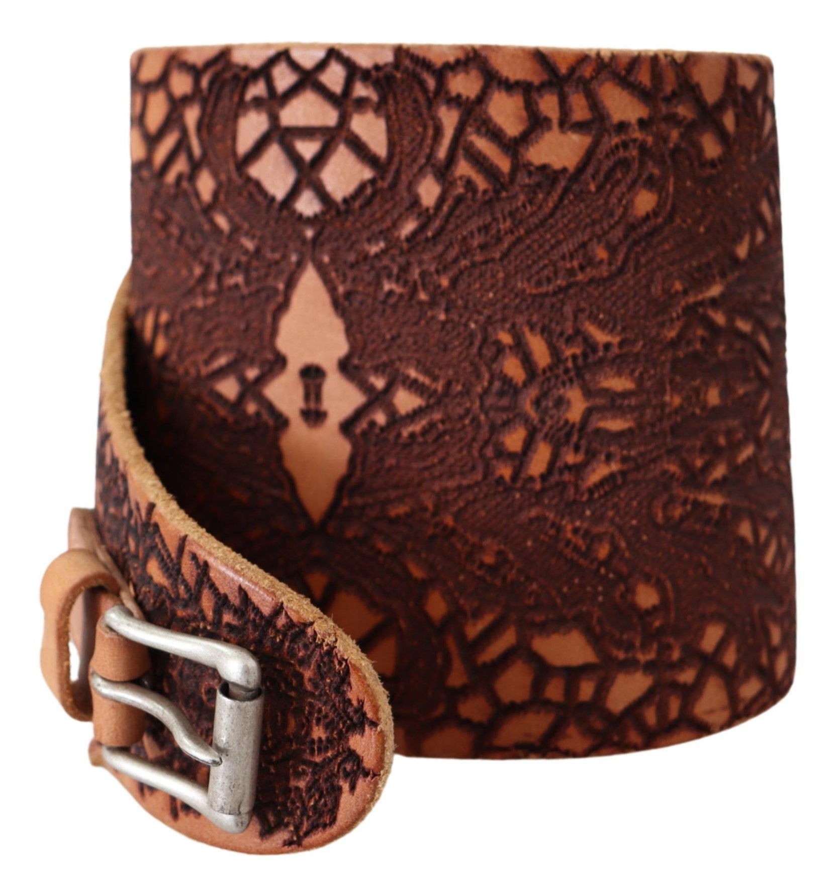 Scervino Street Brown Wide Leather Embroidered Design Logo Belt - Fizigo