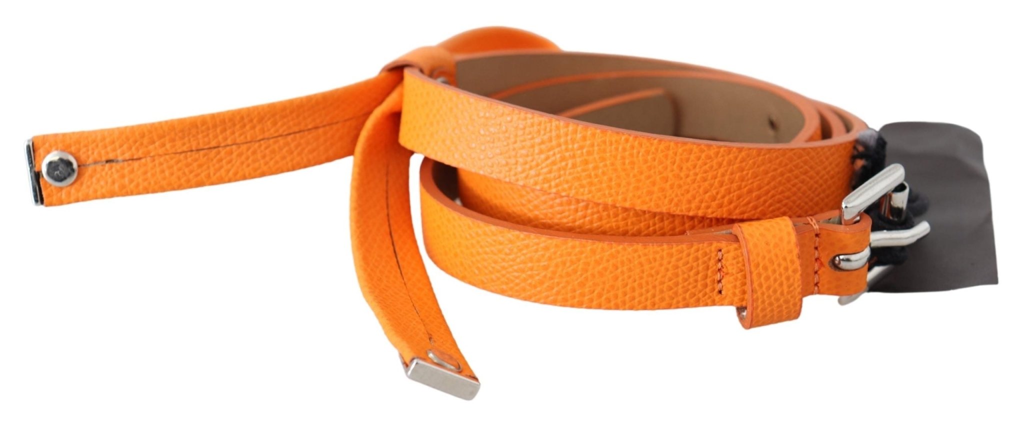 Scervino Street Orange Tangerine Leather Slim Silver Metal Buckle Belt - Fizigo